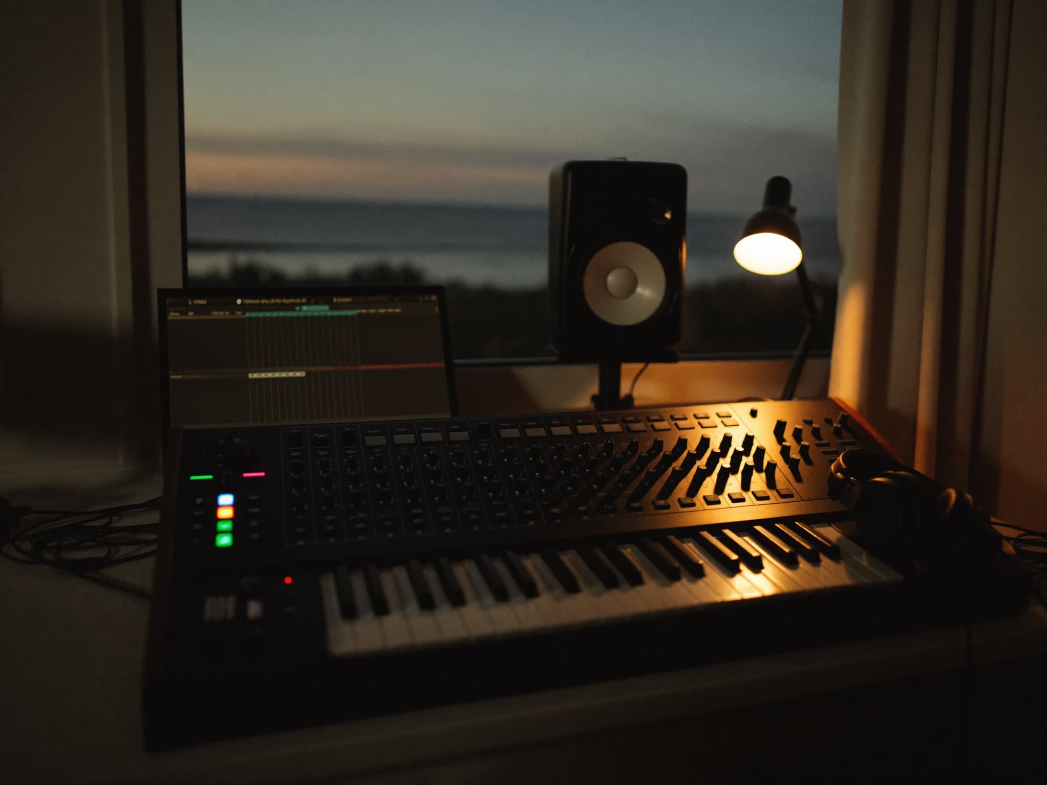 A home music production desk with studio monitors and a MIDI keyboard